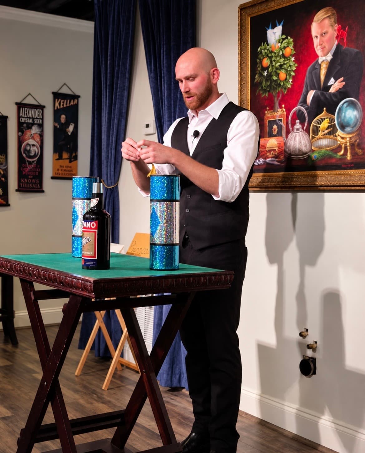 Dylan Looper performing a bottle production during a live magic show